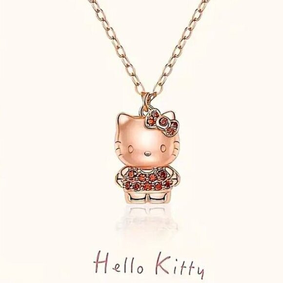Rose Gold Hello Kitty Charm Necklace Crystal Full Body Pendant - Picture 1 of 9